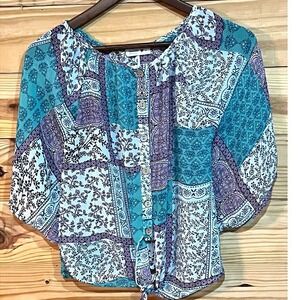 Beautees Blue Green Sheer Boho Paisley Tie Crop Top Blouse Womens Large Coastal